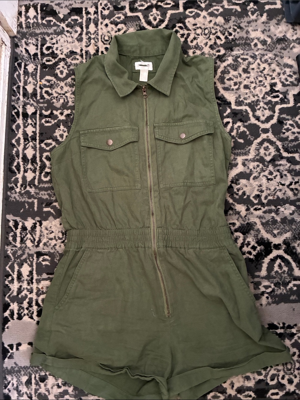 Olive Green Sleeveless Zip-Front Romper